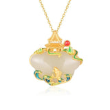 Vintage Chinese Ruyi Pendant Necklace in Silver Inlaid Hotan Jade
