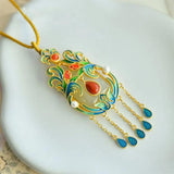 Vintage Hetian Jade Enamel Tassel Necklace Pendant