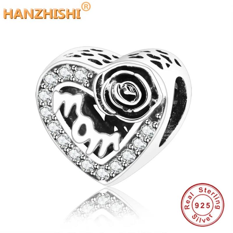 925 Sterling Silver Mom Heart Flower Charm Beads for Bracelet Necklace
