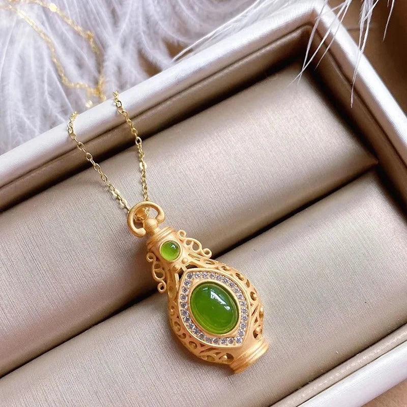 Hetian Jade Vase Pendant Diamond Necklace Vintage Chinese Style Ornaments