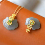 Newsilver Chinese Style Smoke Purple Jade Wishful Lock Pendant Necklace