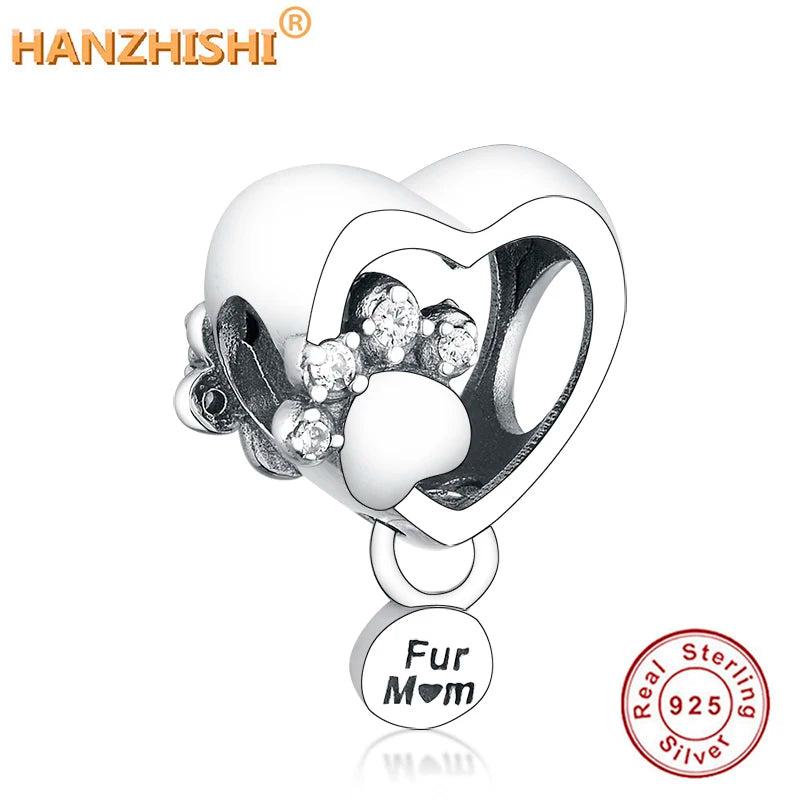 925 Silver Paw Heart Tag Engraving Fur Mum Dangle Charm Bead Bracelet Necklace