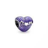 925 Sterling Silver Purple MOM Heart Charm Bead for Bracelet DIY Jewelry