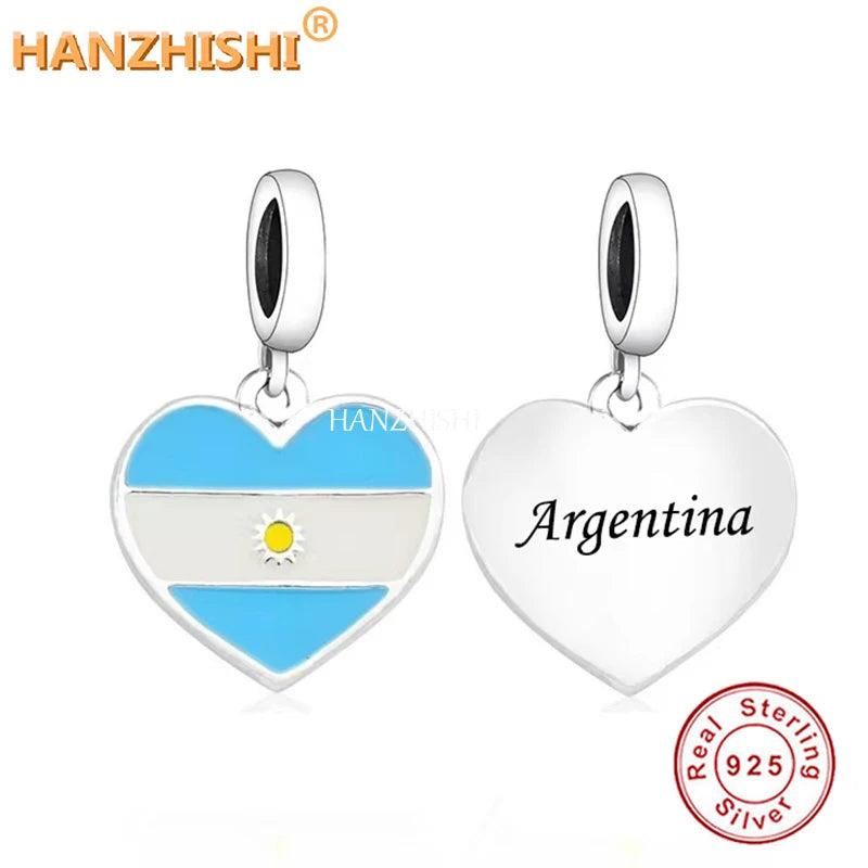 925 Sterling Silver Argentina Flag Heart Dangle Bead Charm