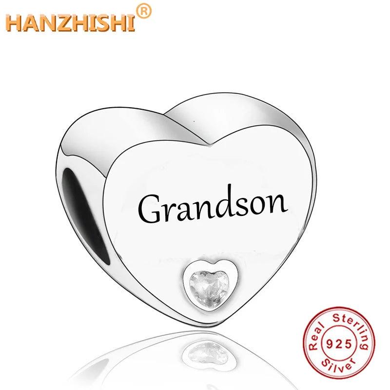925 Sterling Silver Grandson Heart Charms Beads for Bracelet Necklace