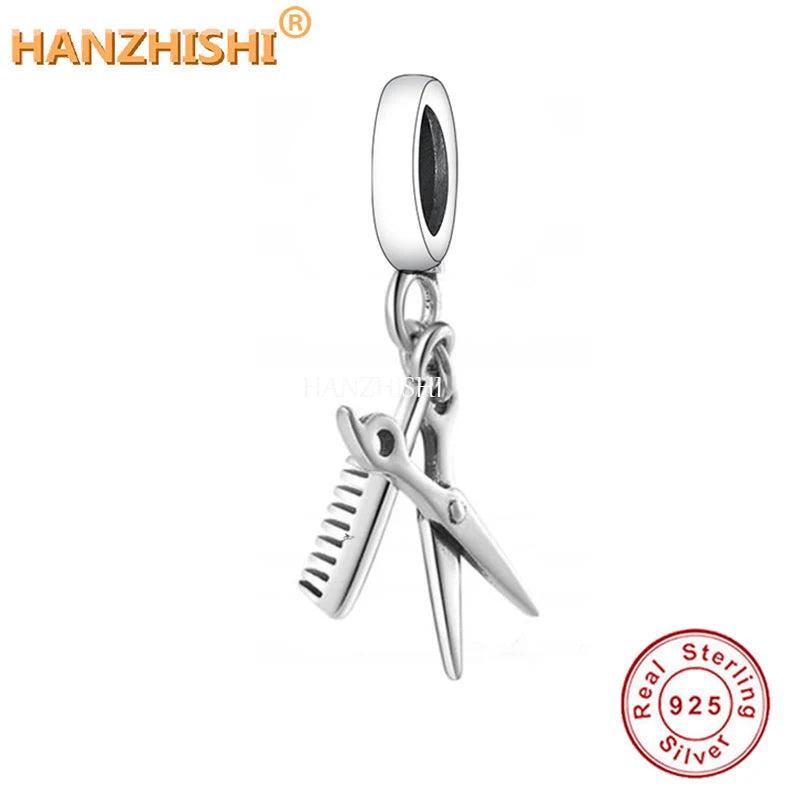925 Silver Scissors Comb Dangle Charms Beads Jewelry Gift