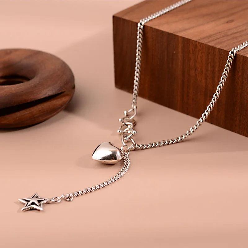 925 Silver Star Heart Tassel Chain Choker Necklace Women Fine Jewelry