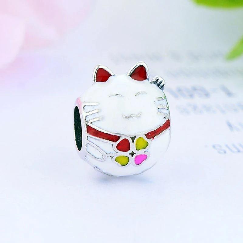 925 Silver Cat & Lucky Four-Heart Clover Charm Bead