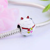 925 Silver Cat & Lucky Four-Heart Clover Charm Bead
