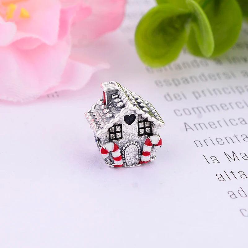 925 Silver Gingerbread House Window Green Enamel Tree Bead