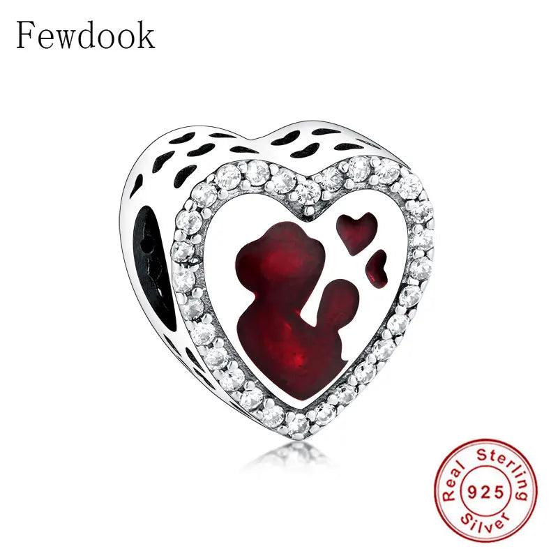 925 Silver Mother's Love Bead Red Zirconia Pan Charm Bracelet Berloque