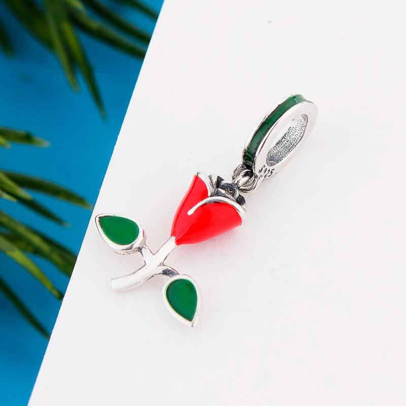 925 Silver Red Enamel Rose Flower Charm Bracelet Bead
