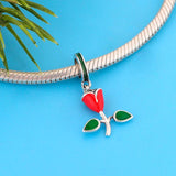 925 Silver Red Enamel Rose Flower Charm Bracelet Bead