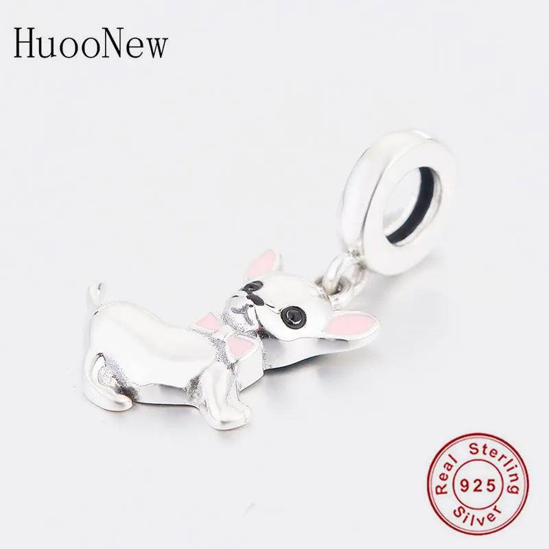 925 Silver Chihuahua Dog Pink Bow Tie Bead Pendant for Charm Bracelet