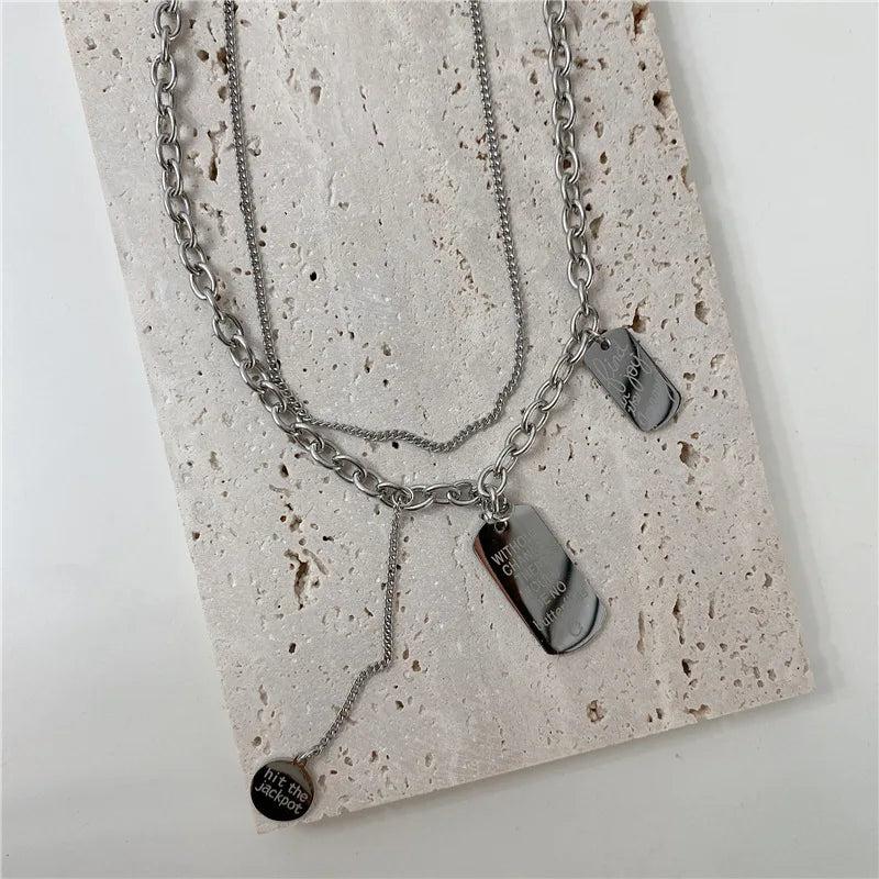 Double-Layer Titanium Steel Necklace Square Pendant