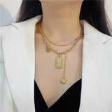 Double-Layer Titanium Steel Necklace Square Pendant