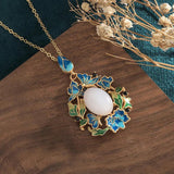 Vintage Chinese Hetian Jade Enamel Flower Pendant Necklace