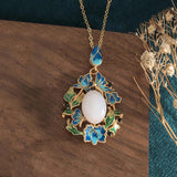 Vintage Chinese Hetian Jade Enamel Flower Pendant Necklace