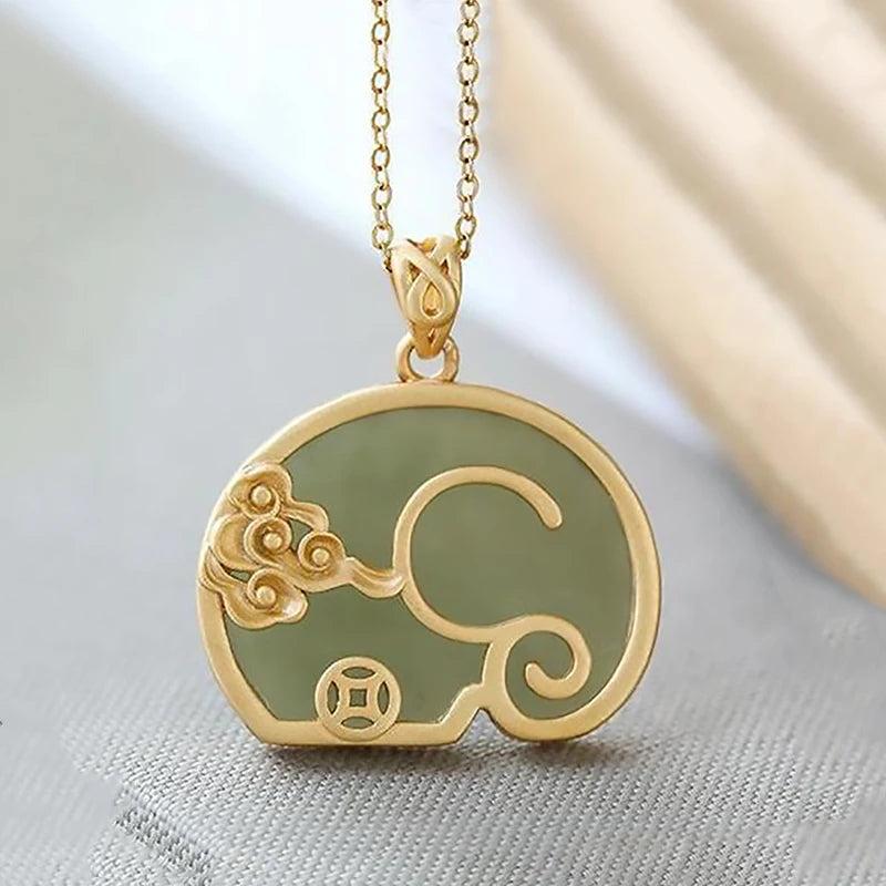 Natural Hetian Jade Elephant Xiangyun Pendant Necklace