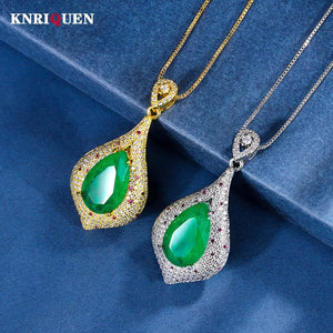 10*16mm Emerald Gold-Color Pendant Necklace for Women Gemstone Lab Diamond