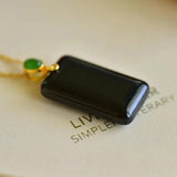 Vintage Hetian Ink Jade Necklace with Silver Inlay