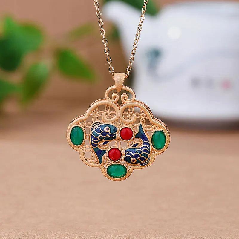 Enamel Carp Pendant Openwork Necklace Vintage Women's Jewelry