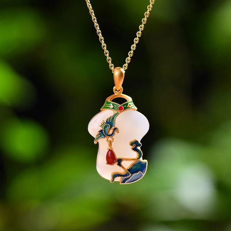 Hetian Jade Cheongsam Pendant Enamel Necklace with Red Tourmaline