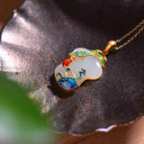 Hetian Jade Cheongsam Pendant Enamel Necklace with Red Tourmaline