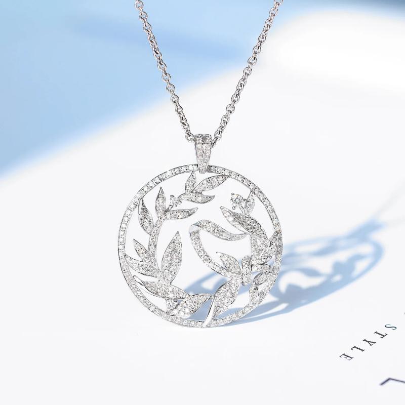 Zircon Crystal Leaf Wreath Pendant Silver Necklace