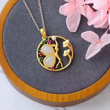 Silver Hotan Jade Zircon Butterfly Fairy Pendant Necklace