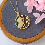 Silver Hotan Jade Zircon Butterfly Fairy Pendant Necklace