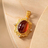 Chinese Retro Orange Garnet Pendant Necklace with Silver Inlay