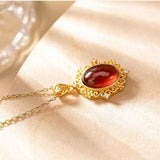 Chinese Retro Orange Garnet Pendant Necklace with Silver Inlay