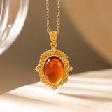 Chinese Retro Orange Garnet Pendant Necklace with Silver Inlay