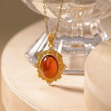Chinese Retro Orange Garnet Pendant Necklace with Silver Inlay