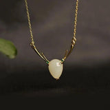 Gold-Plated Hetian Chalcedony Elk Pendant Necklace with Diamonds