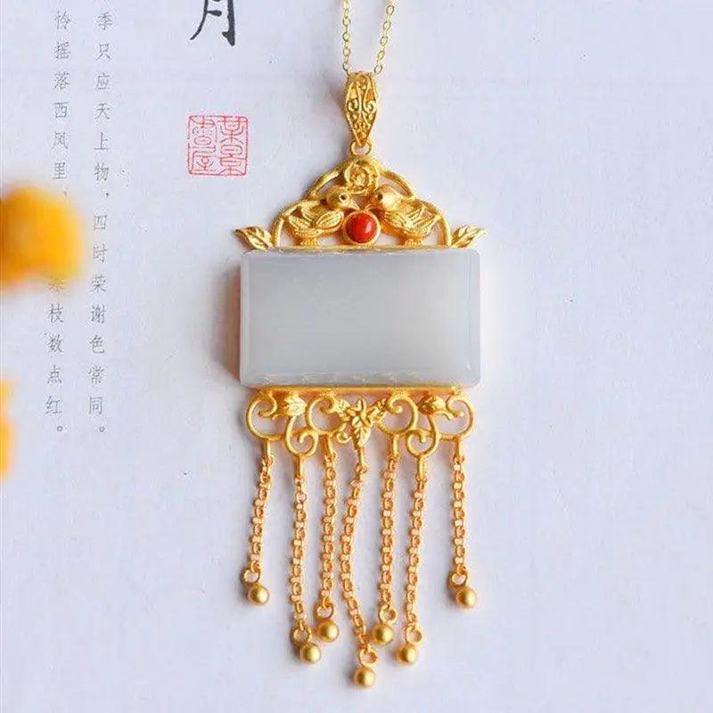 Silver Hetian Jade Tassel Necklace Chinese Sand Craft