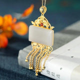 Silver Hetian Jade Tassel Necklace Chinese Sand Craft