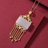 Silver Hetian Jade Tassel Necklace Chinese Sand Craft