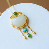 Silver Inlaid Hotan Jade Pendant Necklace with Tassel