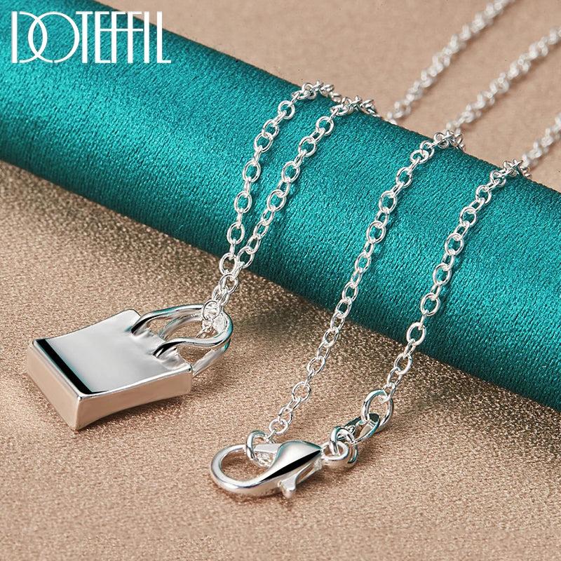 925 Silver Square Lock Pendant Necklace 18-30 Inch Chain Wedding Jewelry