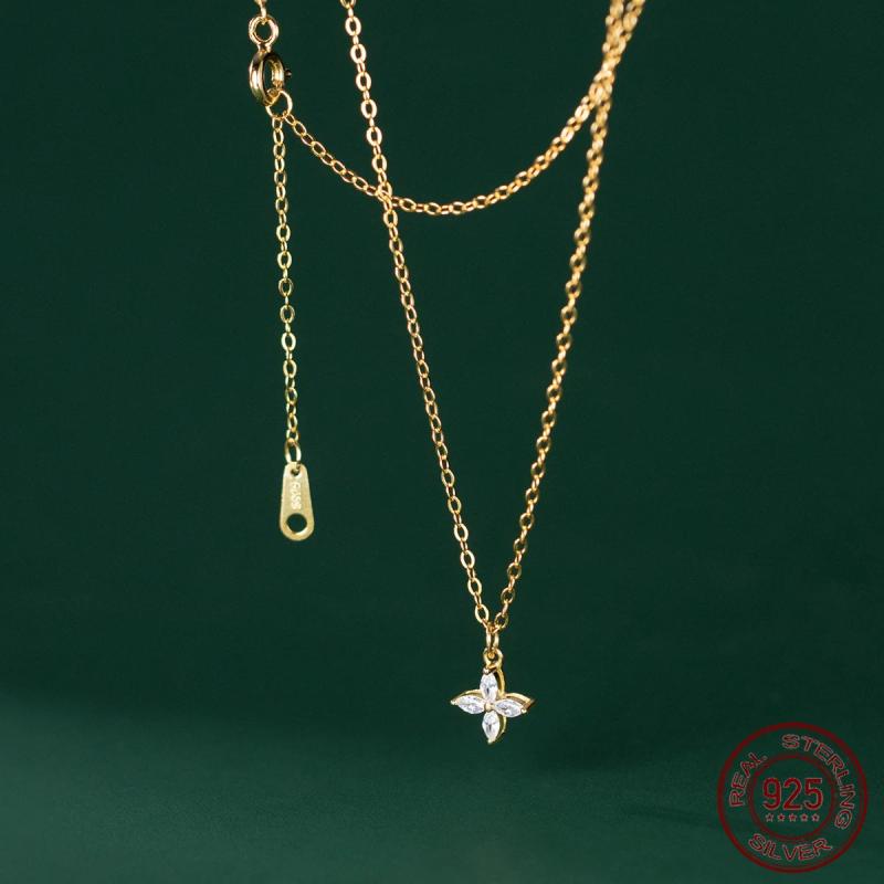 925 Silver Flower Four Petal Necklace for Women
