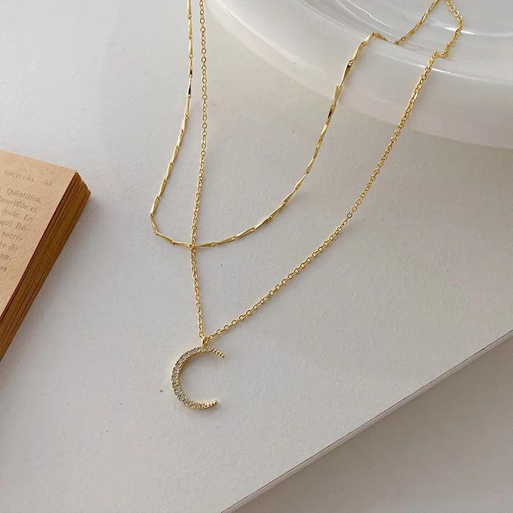 14k Moon Stars Zircon Pendant Double Layered Chain Necklace