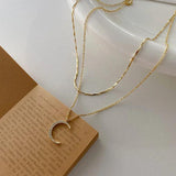 14k Moon Stars Zircon Pendant Double Layered Chain Necklace