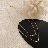 14k Moon Stars Zircon Pendant Double Layered Chain Necklace