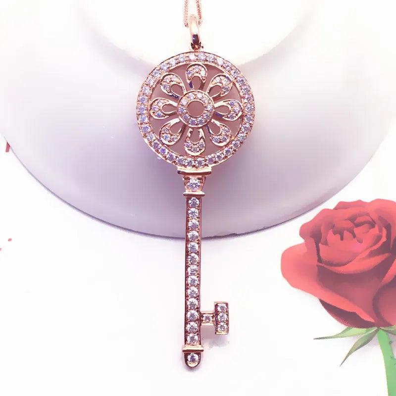 14K Rose Crystal Flower Key Pendant Necklace for Women