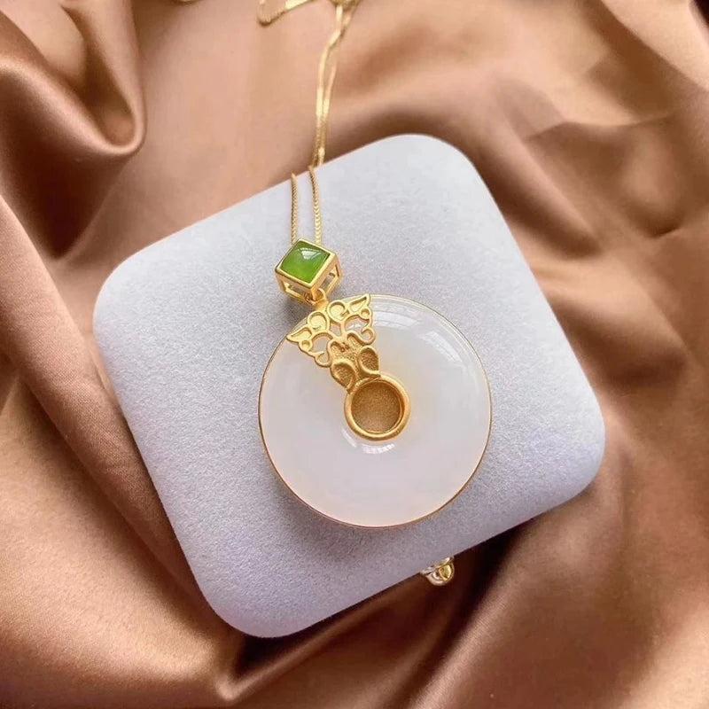 Vintage Chinese Silver Hetian Chalcedony Necklace Pendant