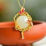 Hetian Jade Enamel Flower Pendant Necklace Chinese Style