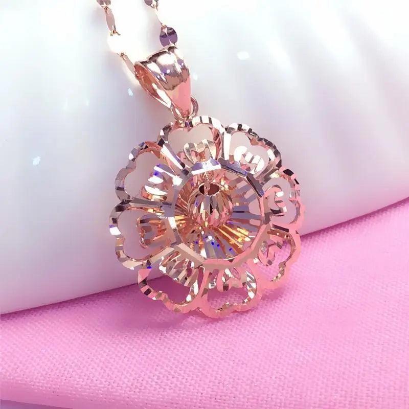 14K Rose Gold Plated Purple Hollow Flower Pendant Necklace for Women