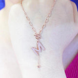 14K Rose Crystal Letter M Tassel Pendant Necklace